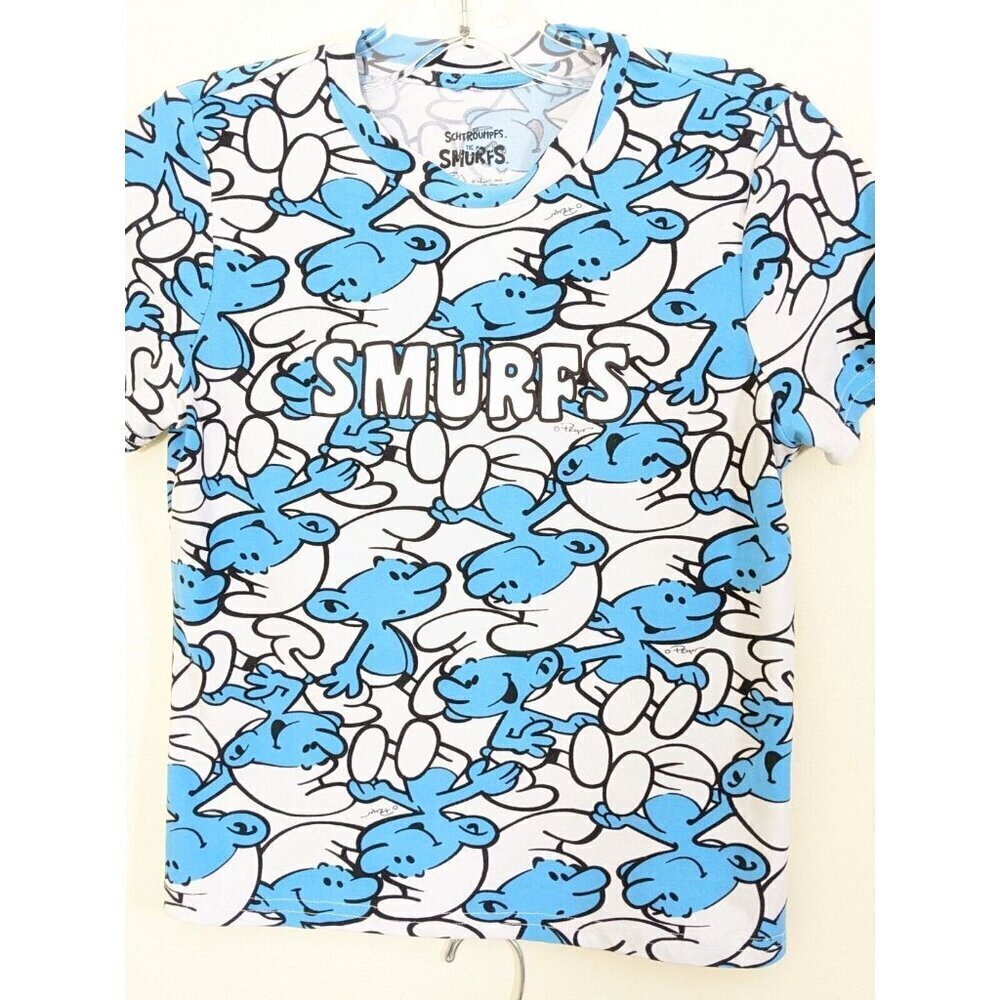 The Smurfs Pajama Sleep Lounge Set Womens S Top and Shorts Blue White Stretch - Picture 6 of 8